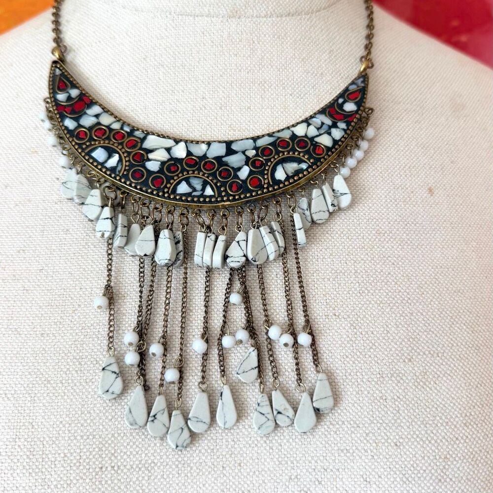 Vintage Nepalese Tibetan  Mosaic Inlay Bib Necklace Howlite coral  Fringe